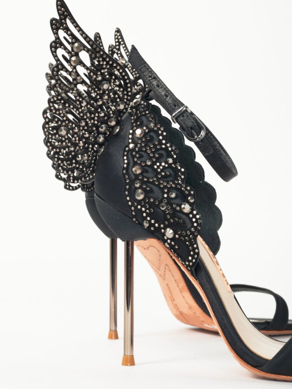 Sophia Webster Evangeline "Black" Crystal-Embellished Satin Sandals - Picture 8 of 10